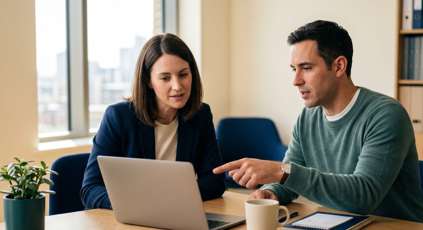 Two Med Bills team members reviewing claim data together on a laptop